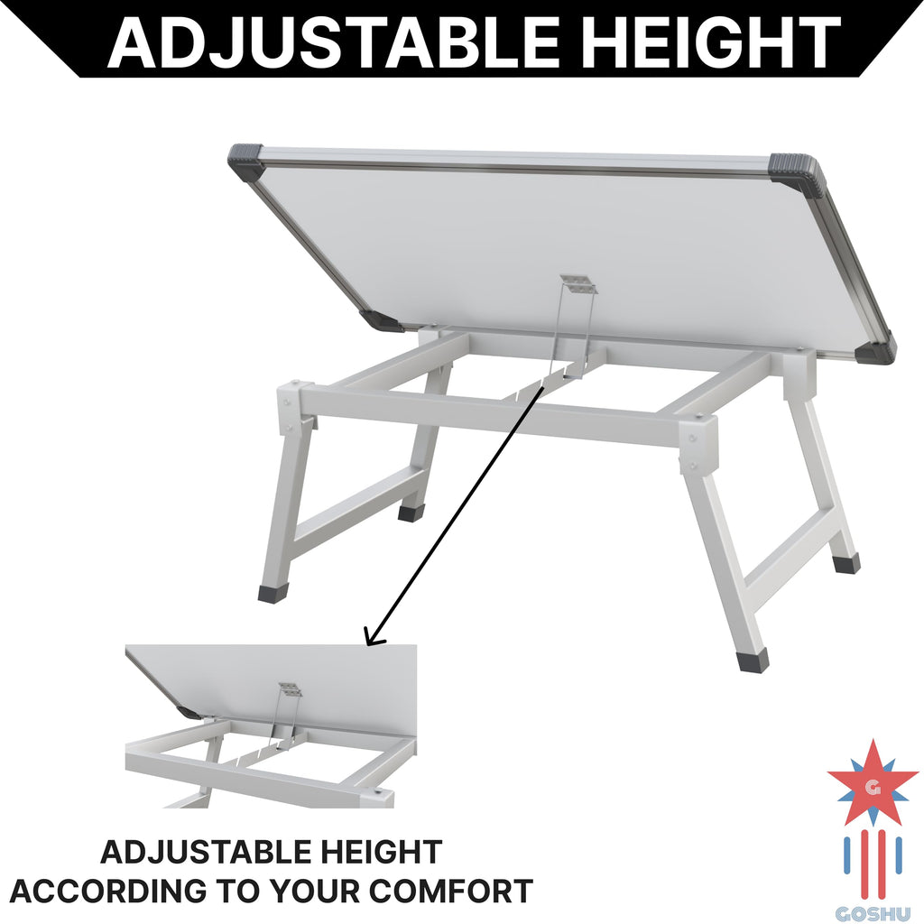 GOSHU 1.5 x 2 Feet Whiteboard Study Table | Portable Laptop Desk With Adjustable Height for Home and Office Use | White Board, Wooden Duster, Two Black Ink Markers (Pack of 4)