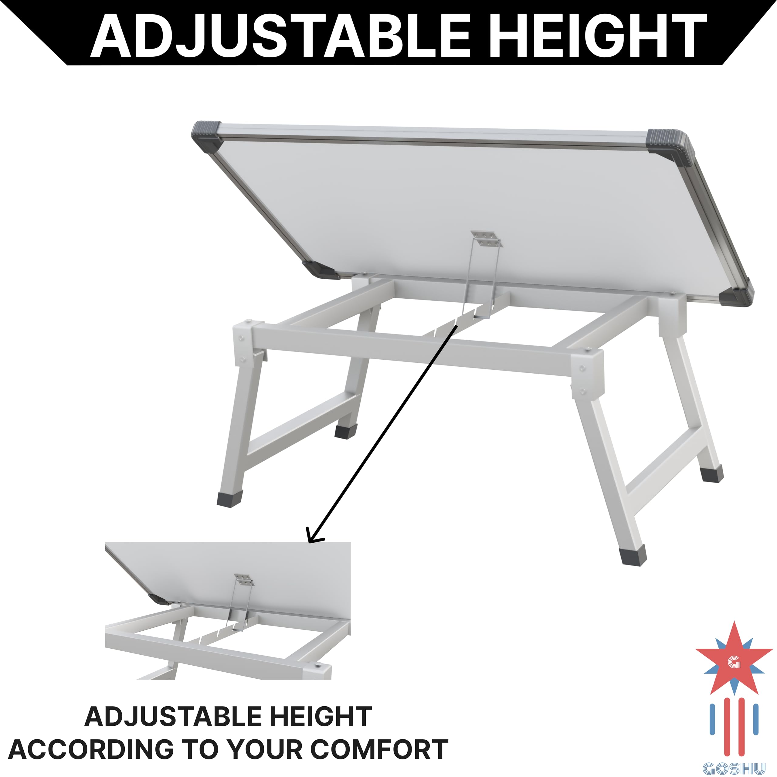 GOSHU 1.5 x 2 Feet Whiteboard Study Table | Portable Laptop Desk With Adjustable Height for Home and Office Use | White Board, Wooden Duster, Two Black Ink Markers (Pack of 4)