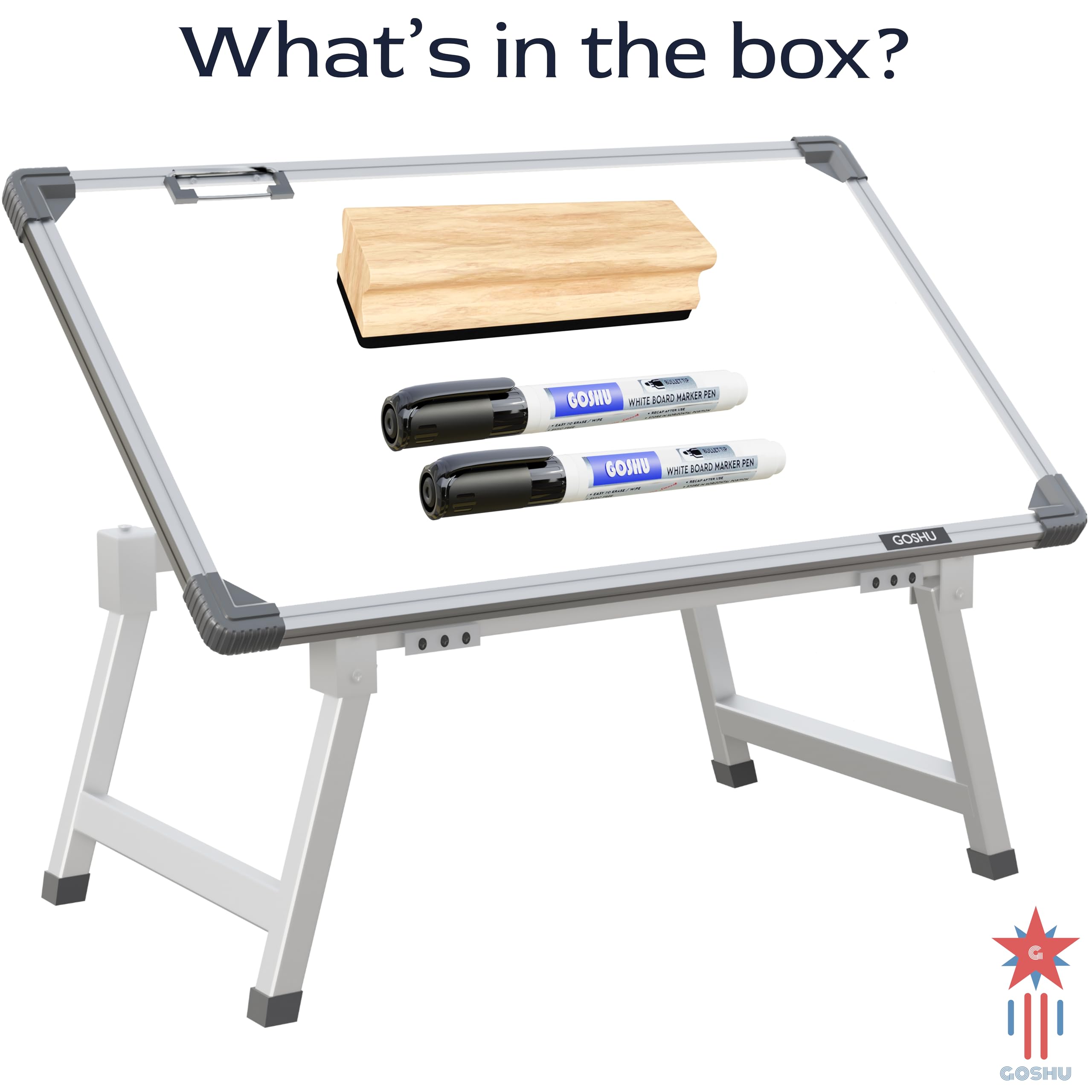 GOSHU 1.5 x 2 Feet Whiteboard Study Table | Portable Laptop Desk With Adjustable Height for Home and Office Use | White Board, Wooden Duster, Two Black Ink Markers (Pack of 4)