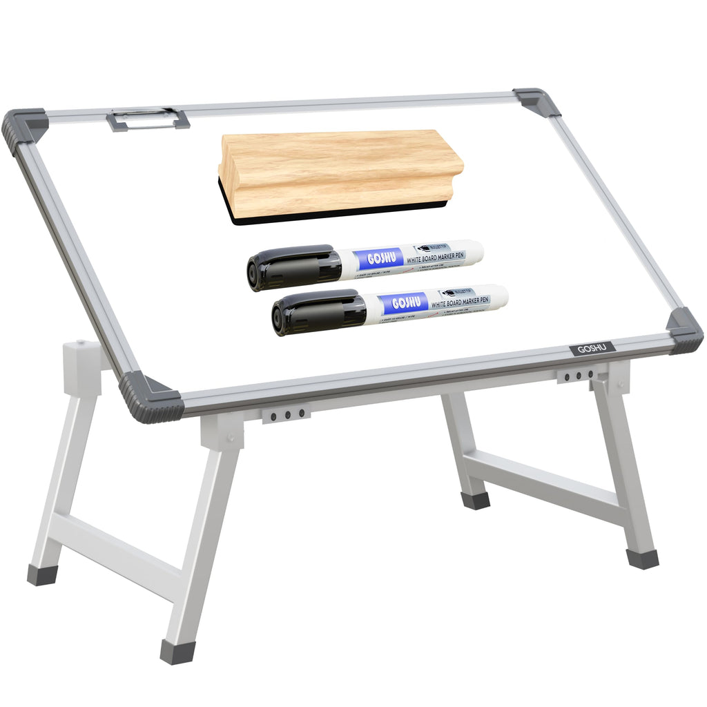 GOSHU 1.5 x 2 Feet Whiteboard Study Table | Portable Laptop Desk With Adjustable Height for Home and Office Use | White Board, Wooden Duster, Two Black Ink Markers (Pack of 4)