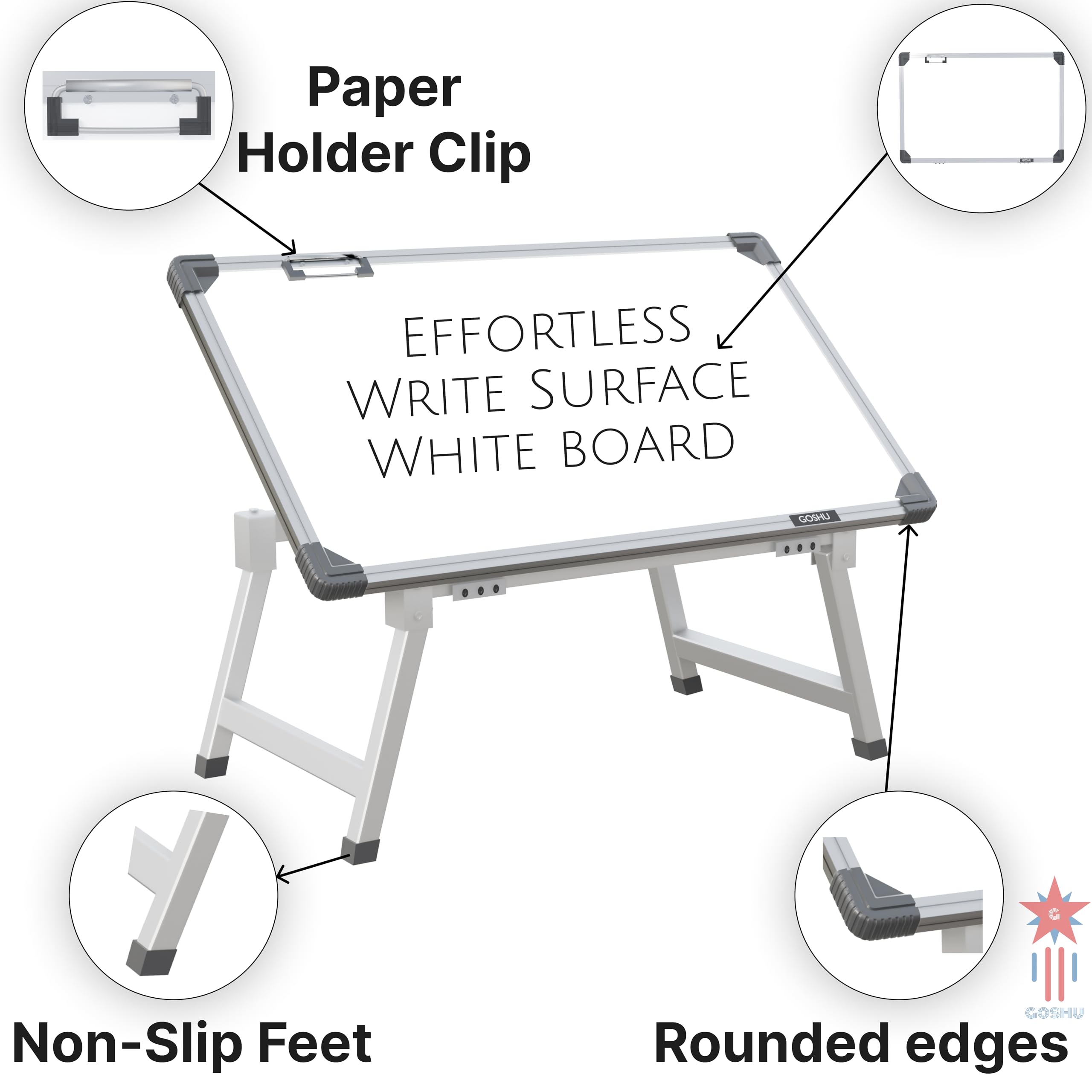 GOSHU 1.5 x 2 Feet Whiteboard Study Table | Portable Laptop Desk With Adjustable Height for Home and Office Use | White Board, Wooden Duster, Two Black Ink Markers (Pack of 4)