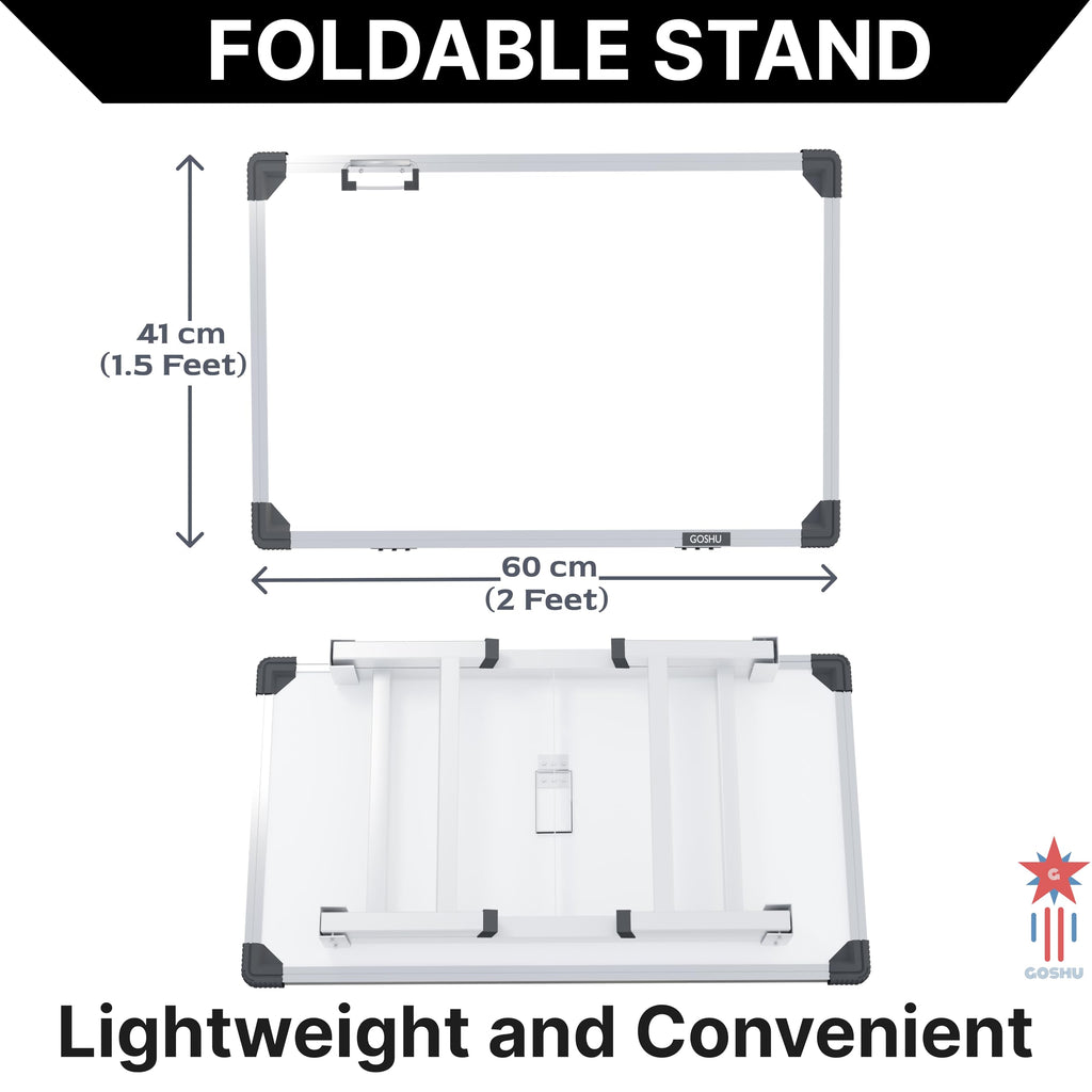 GOSHU 1.5 x 2 Feet Whiteboard Study Table | Portable Laptop Desk With Adjustable Height for Home and Office Use | White Board, Wooden Duster, Two Black Ink Markers (Pack of 4)