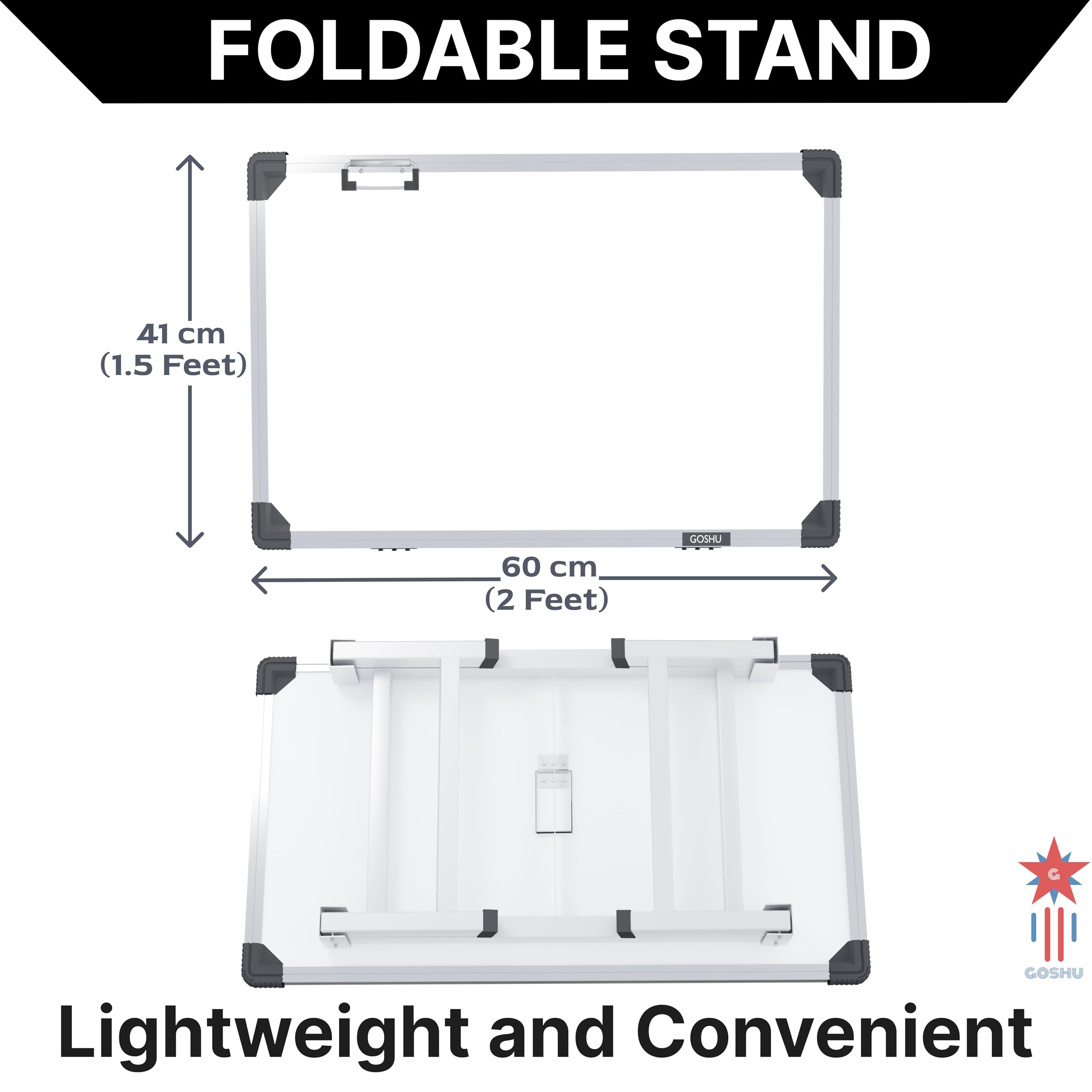 GOSHU 1.5 x 2 Feet Whiteboard Study Table | Portable Laptop Desk With Adjustable Height for Home and Office Use | White Board, Wooden Duster, Two Black Ink Markers (Pack of 4)