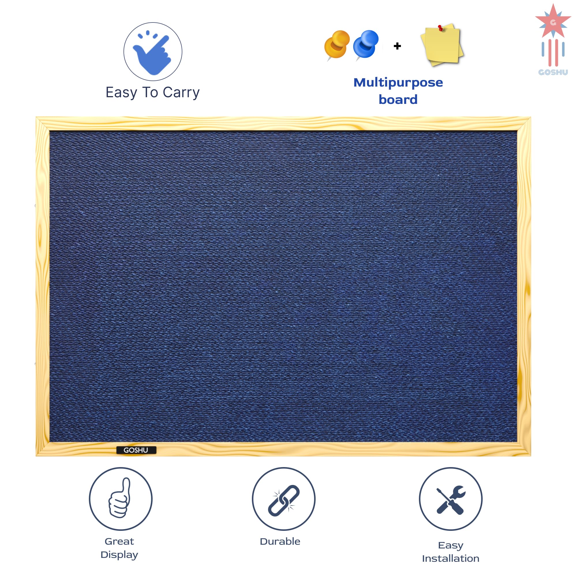 GOSHU 2 feet x3 feet Natural Wooden Frame Premium Material Pin-up Board/Soft Board/Bulletin Board/Pin-up Display Board for Office, School and Home with 50 Push Up Pins (Blue, 2x3 feet with pins)