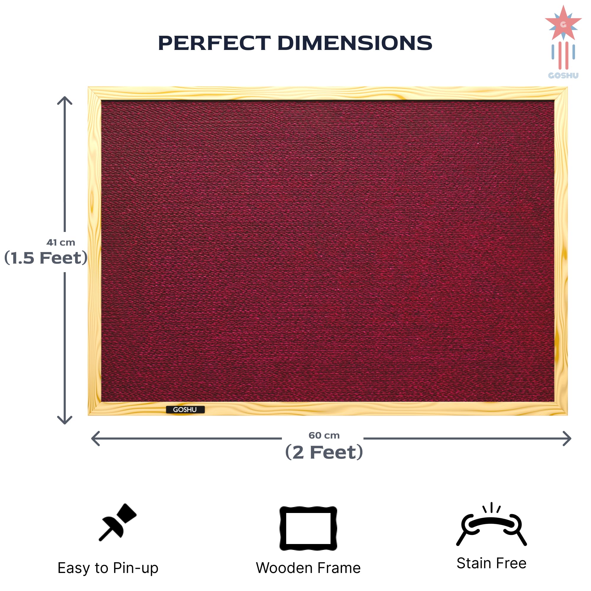 GOSHU 1.5 feet x2 feet Natural Wooden Frame Premium Material Pin-up Board/Soft Board/Bulletin Board/Pin-up Display Board for Office, School and Home with 50 Push Up Pins (Maroon, 1.5x2 feet with pins)