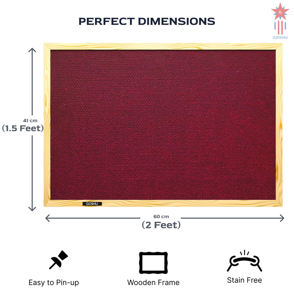 GOSHU 1.5 feet x2 feet Natural Wooden Frame Notice Premium Material Pin-up Board/Soft Board/Bulletin Board/Pin-up Display Board for Office, School and Home (Maroon, 1.5x2 feet)