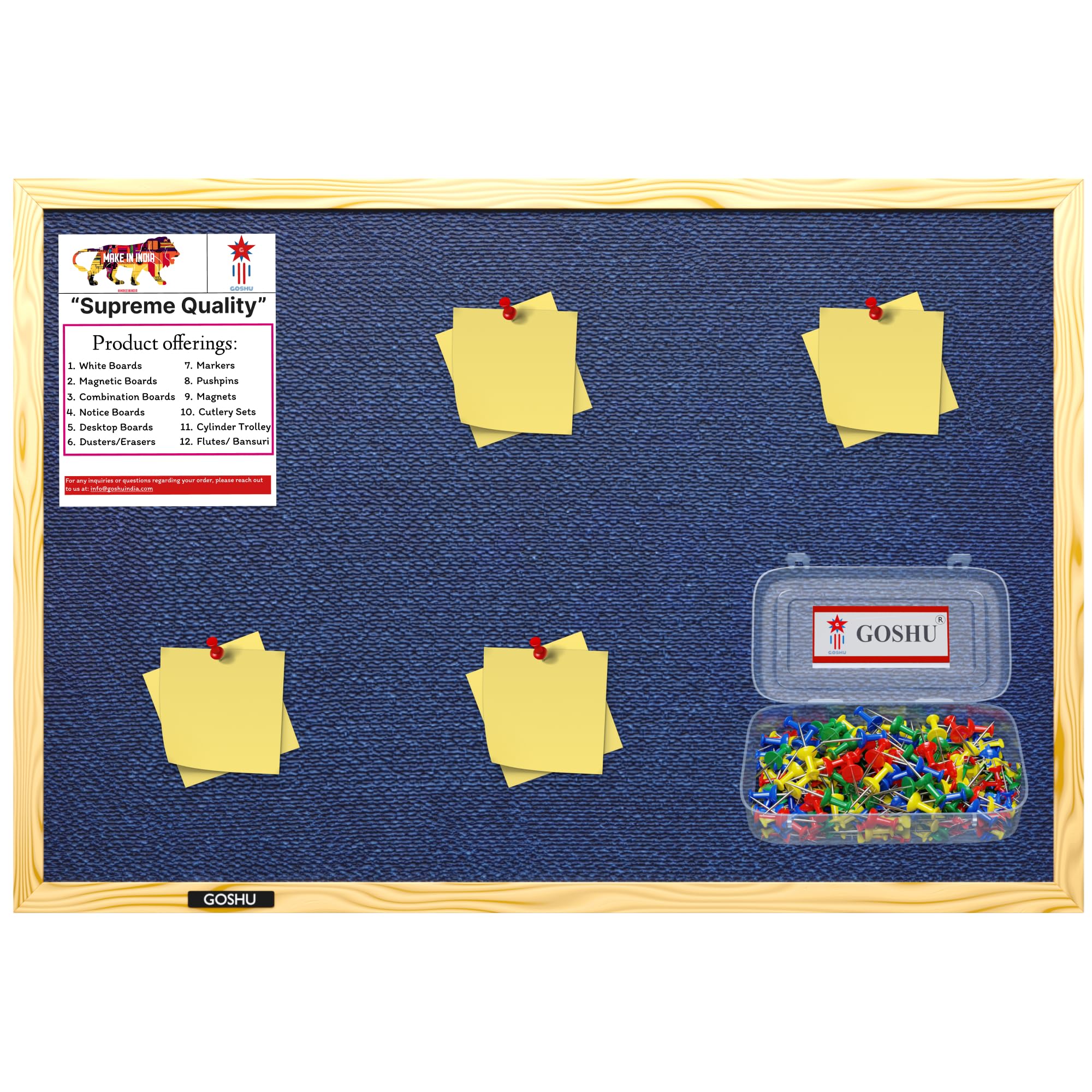 GOSHU 1.5 feet x2 feet Natural Wooden Frame Premium Material Pin-up Board/Soft Board/Bulletin Board/Pin-up Display Board for Office, School and Home with 50 Push Up Pins (Blue, 1.5x2 feet with pins)