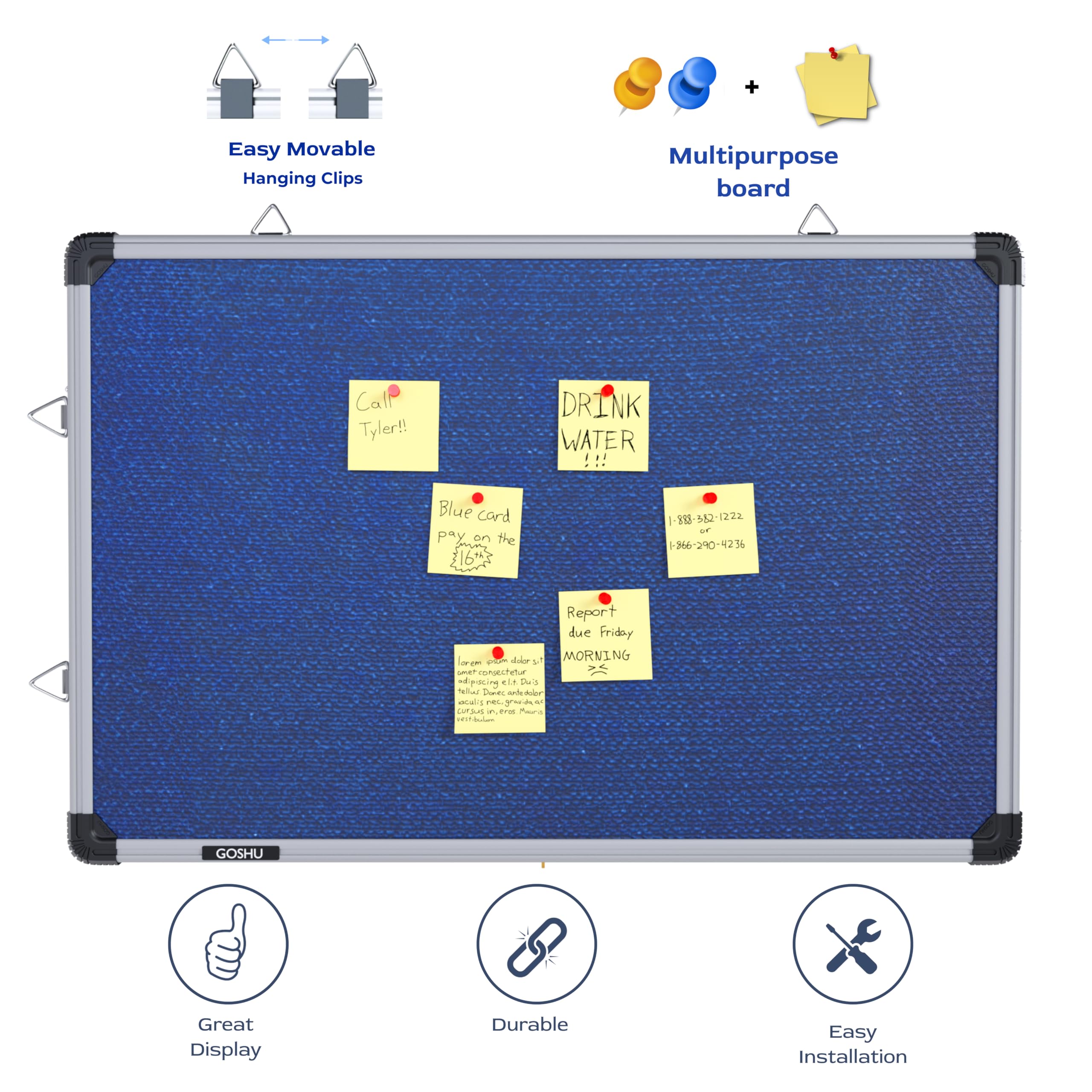 GOSHU 2 feet x3 feet Notice Premium Material Pin-up Board/Pin-up Board/Soft Board/Bulletin Board/Pin-up Display Board for Office, School and Home (2x3 feet Blue, Pack of 1)