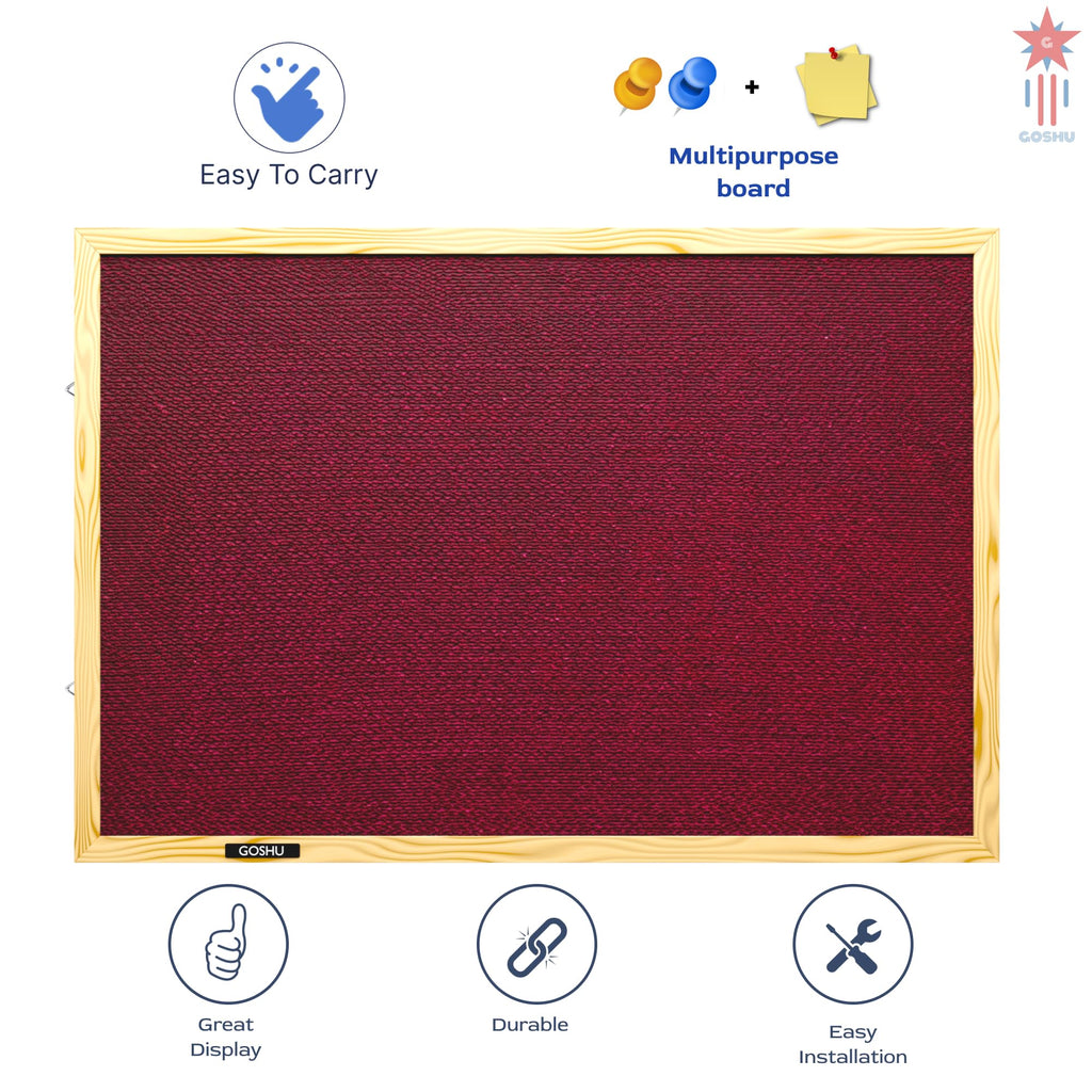GOSHU 1.5 feet x2 feet Natural Wooden Frame Notice Premium Material Pin-up Board/Soft Board/Bulletin Board/Pin-up Display Board for Office, School and Home (Maroon, 1.5x2 feet)