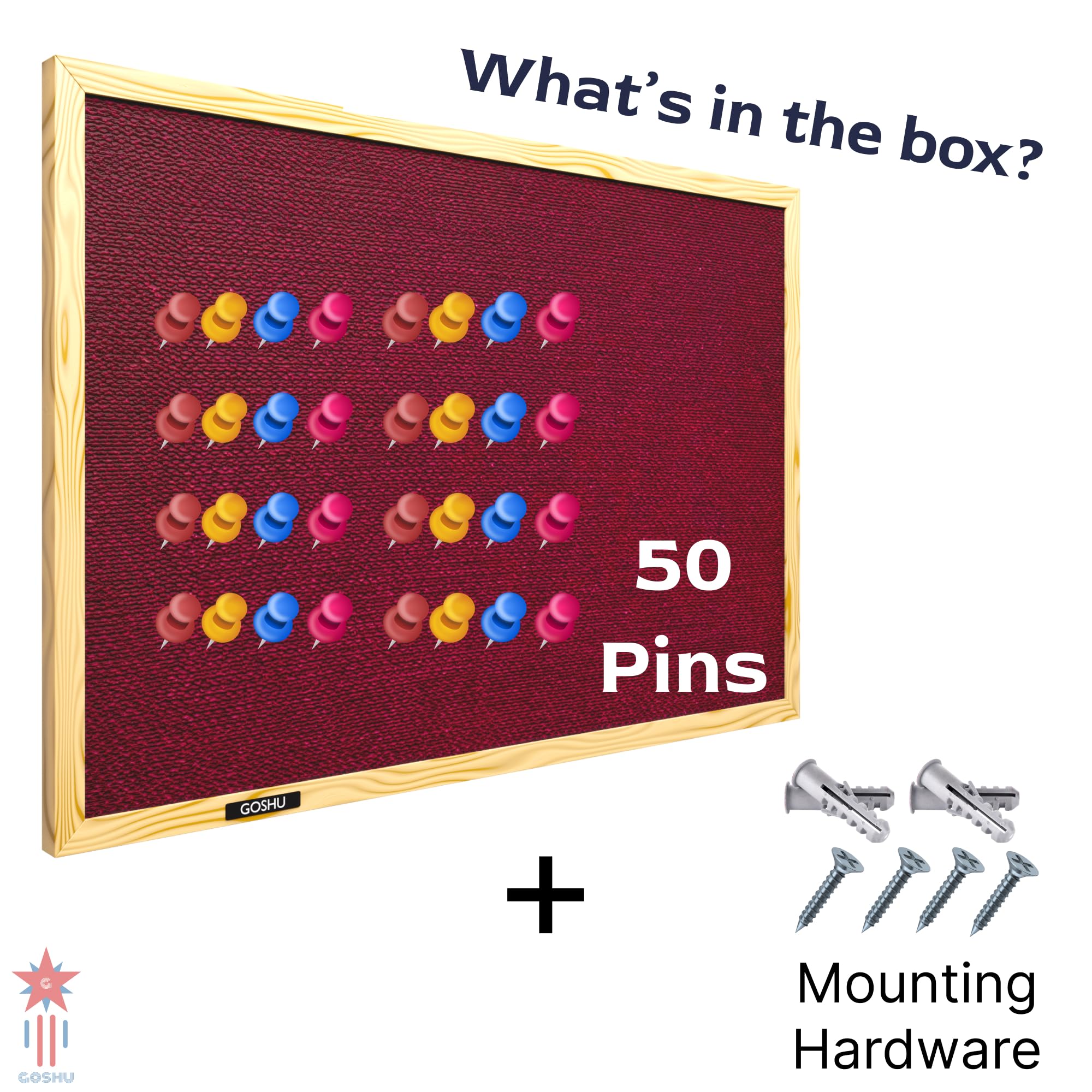 GOSHU 1.5 feet x2 feet Natural Wooden Frame Premium Material Pin-up Board/Soft Board/Bulletin Board/Pin-up Display Board for Office, School and Home with 50 Push Up Pins (Maroon, 1.5x2 feet with pins)