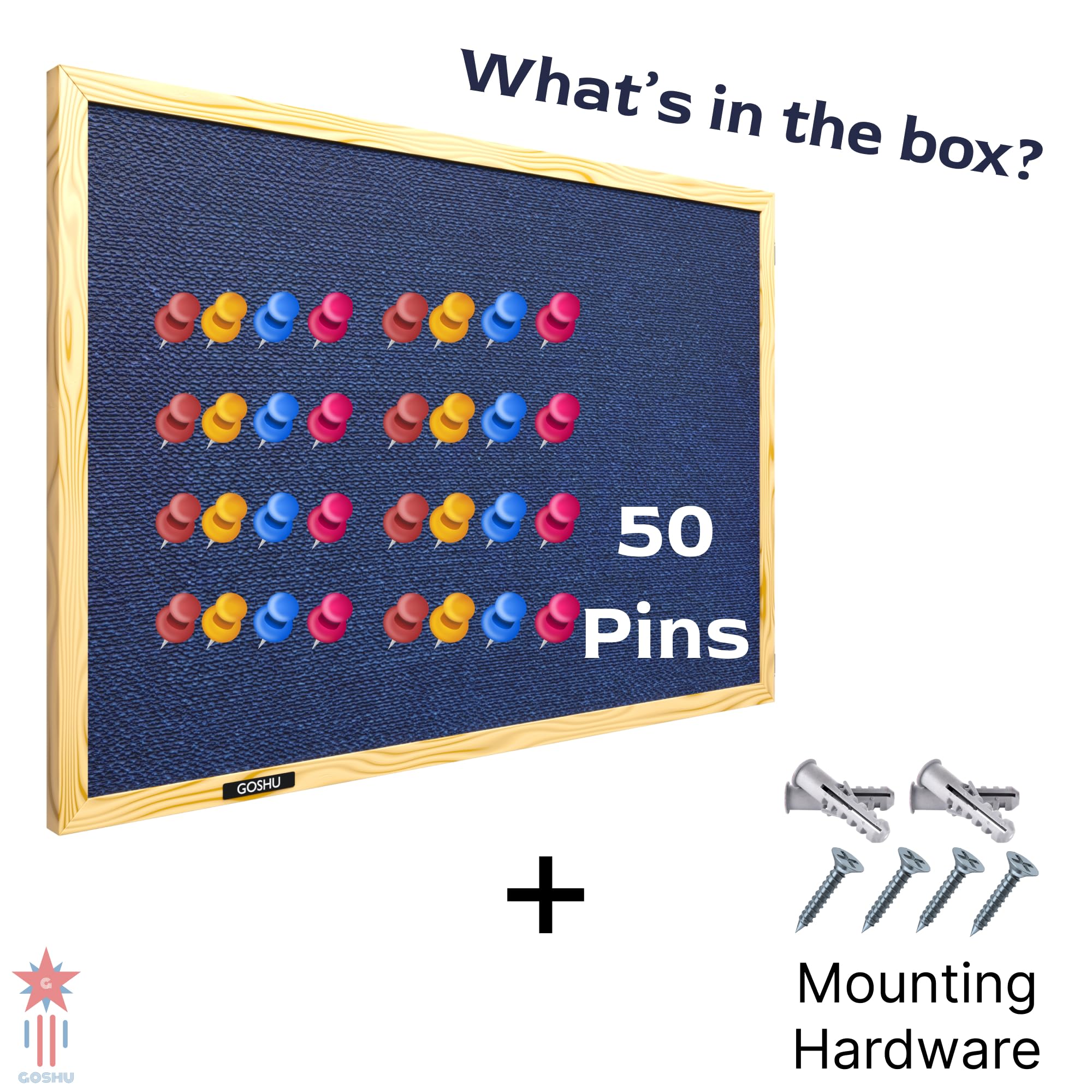 GOSHU 1.5 feet x2 feet Natural Wooden Frame Premium Material Pin-up Board/Soft Board/Bulletin Board/Pin-up Display Board for Office, School and Home with 50 Push Up Pins (Blue, 1.5x2 feet with pins)