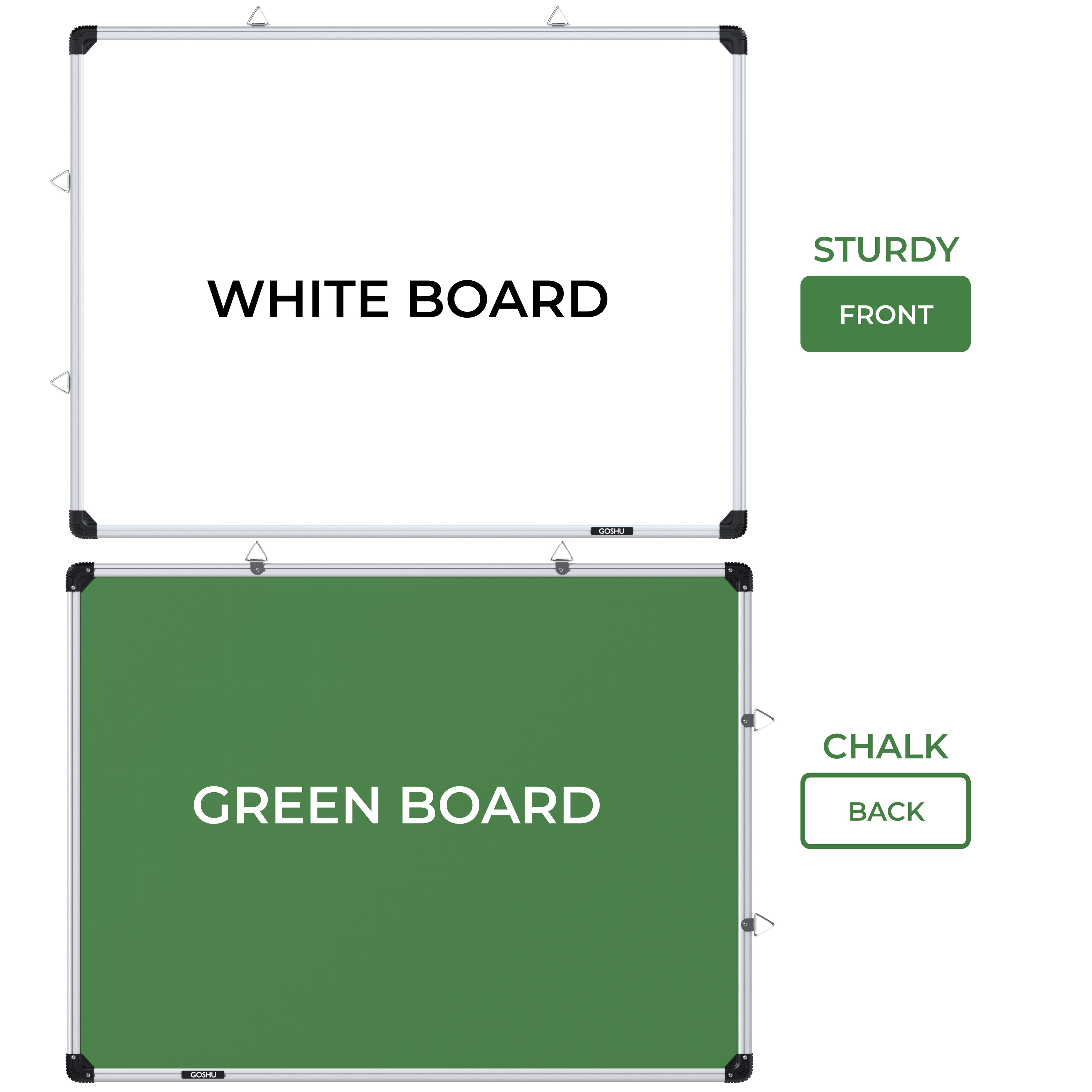 GOSHU Aluminium Non Magnetic 3 Feet X4 Feet Double Sided White Board And Chalk Board Front Side Whiteboard Surface And Back Side Chalkboard Surface Includes Duster and Two Whiteboard Marker (3X4 Feet, Pack Of 4 Items)