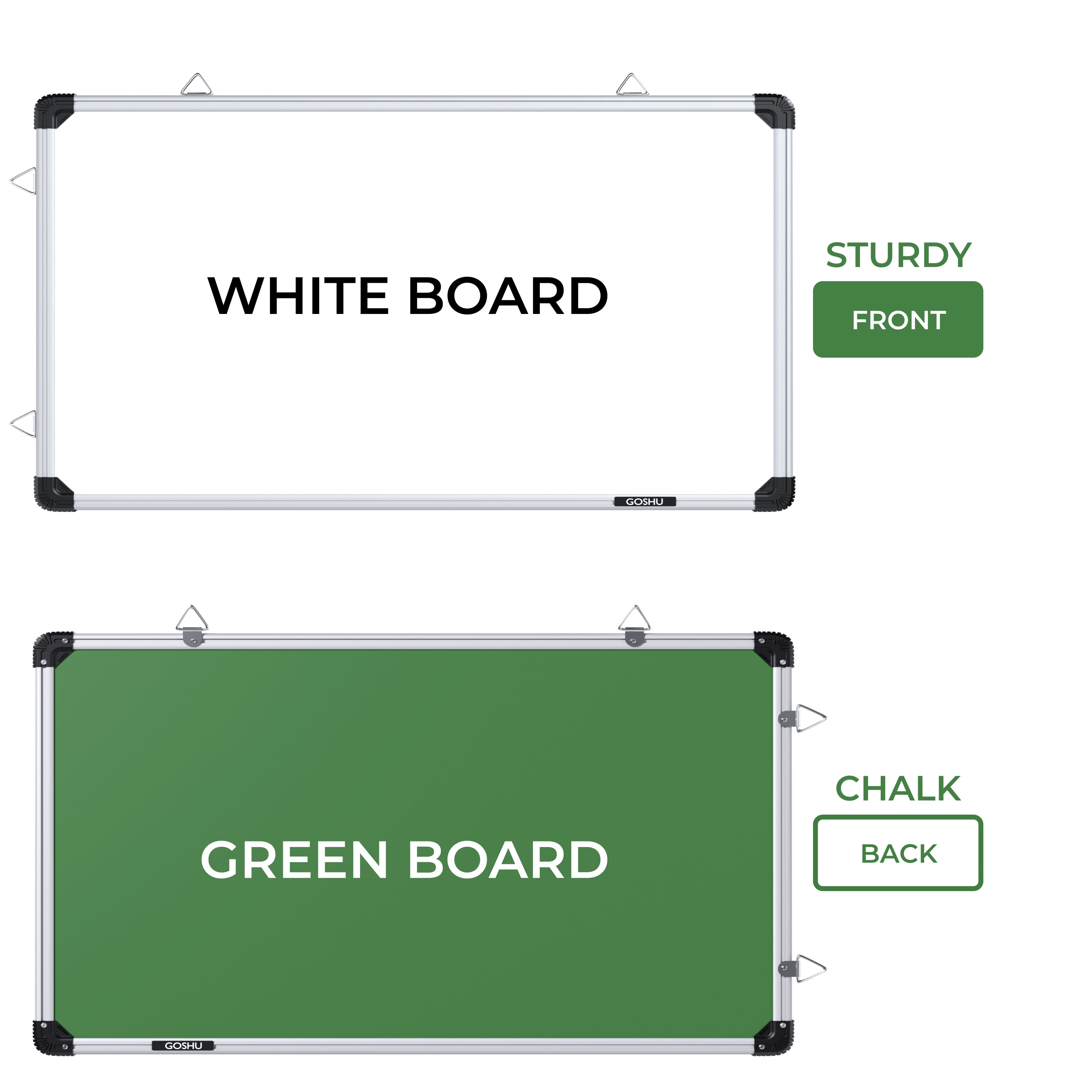 GOSHU Aluminium Non Magnetic 1.5 Feet X2 Feet Double Sided White Board And Chalk Board Front Side Whiteboard Surface And Back Side Chalkboard Surface (1.5X2 Feet, Pack Of 1 Item)